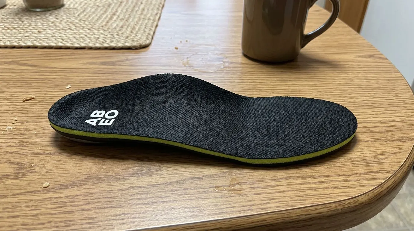 ABEO Premium Orthotic insole showing its black nitro mesh top cover and green trim