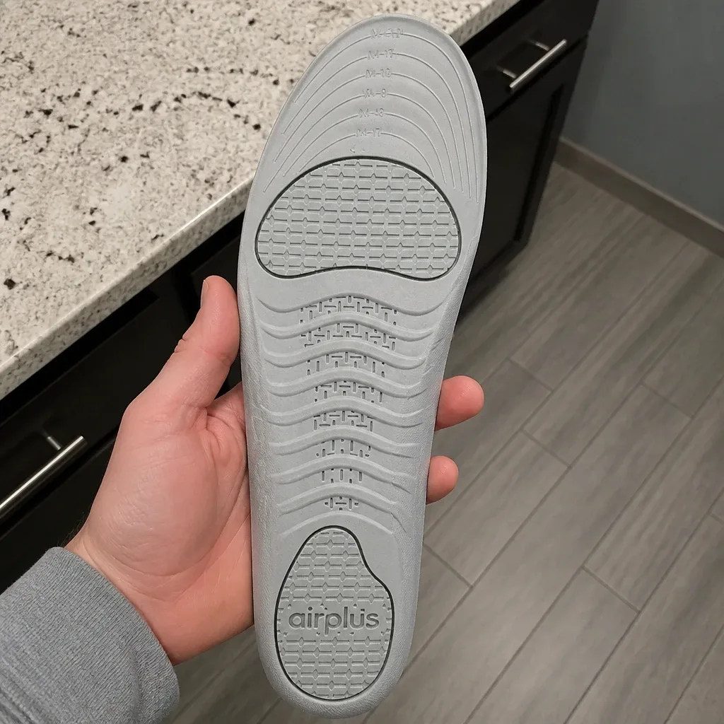 An Airplus Ultra Work Memory Plus insole held in hand, showing the deep heel cup