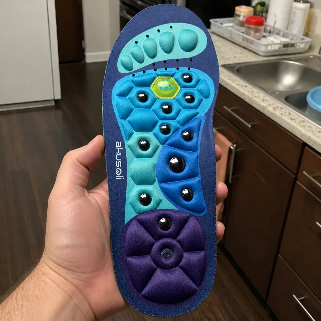 An Akusoli magnetic acupressure insole held in hand, showing the silver-coated top layer