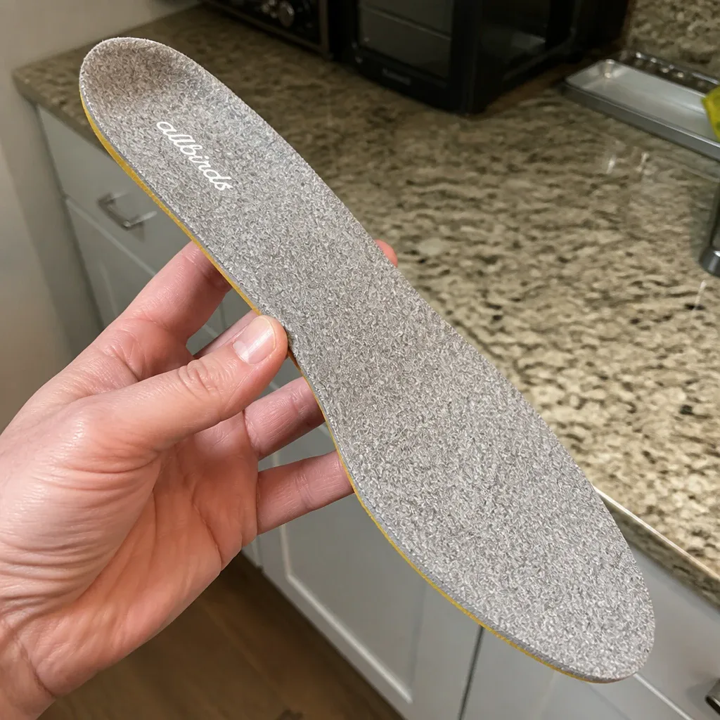 An Allbirds Featherbed insole held in hand, showing the molded foam-and-fiber arch