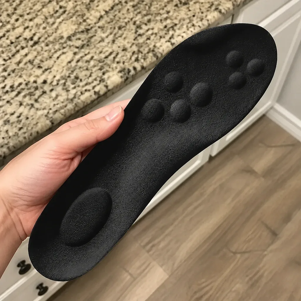 A Back9Relief Golfer's Comfort Insole held in hand, showing the arch shell and top layer