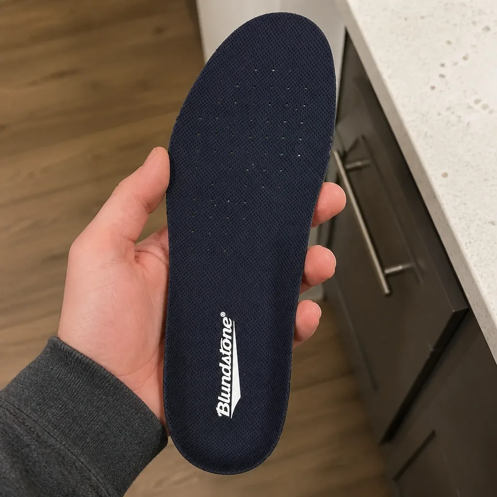 A Blundstone Comfort Classic Footbed insole held in hand, showing the XRD heel and forepart inserts