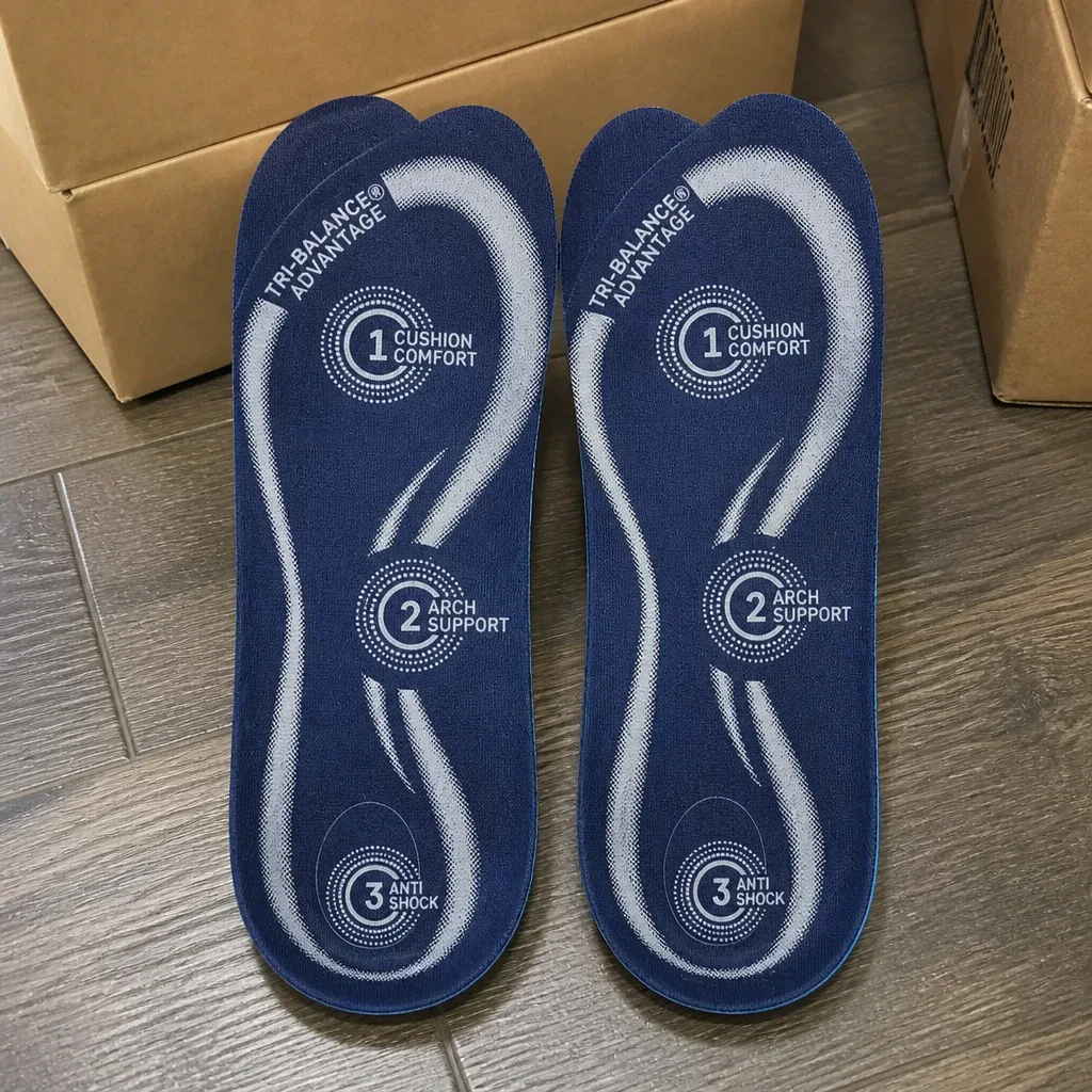 CVS Health Advanced Gel Orthodics insoles laid out next to their retail packaging