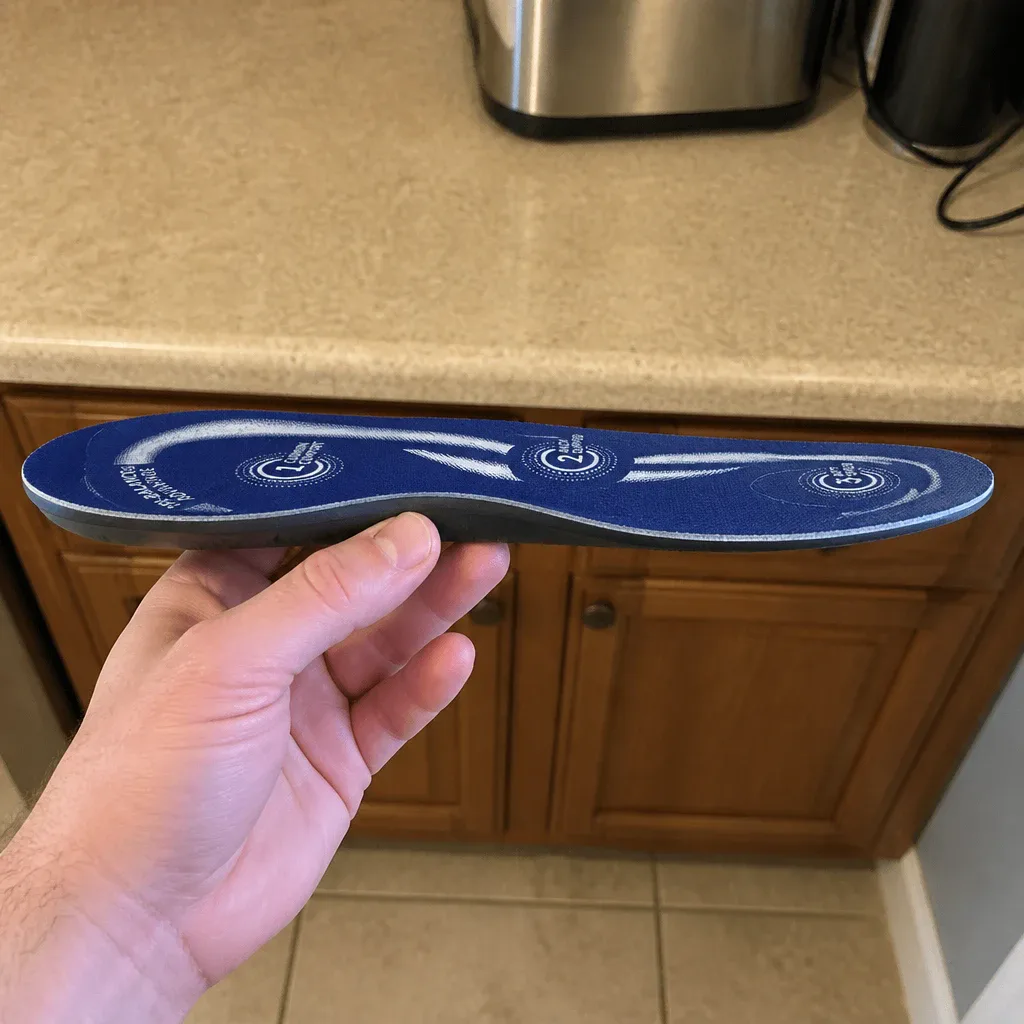 A CVS Health Advanced Gel Orthodics insole viewed from the side to show its low-profile edge taper