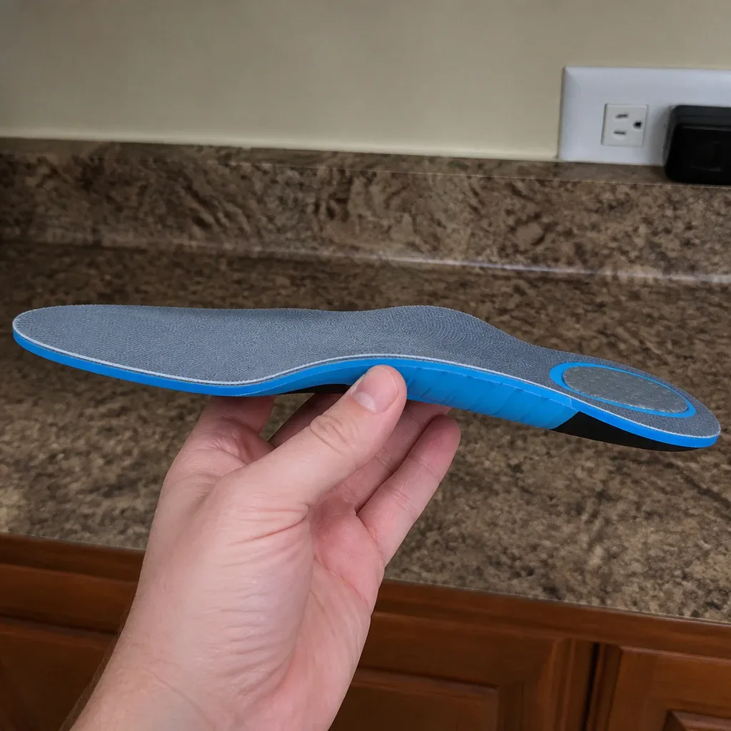 Dr Plantar insole held sideways in hand to show heel and arch profile