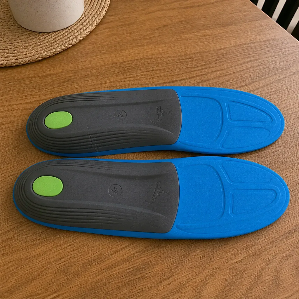 A Fleet Feet Superfeet Run Support High Arch insole on a kitchen table after eight weeks of wear