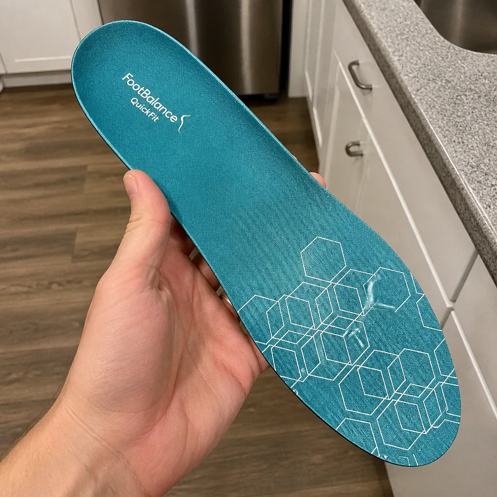 Holding the FootBalance QuickFit Balance insole to show the Balance Plate and heel cup