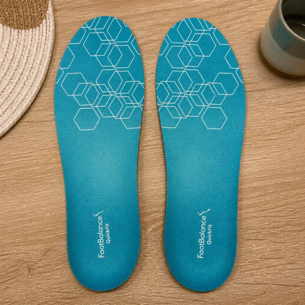 FootBalance QuickFit Balance insoles laid out on a kitchen table before testing