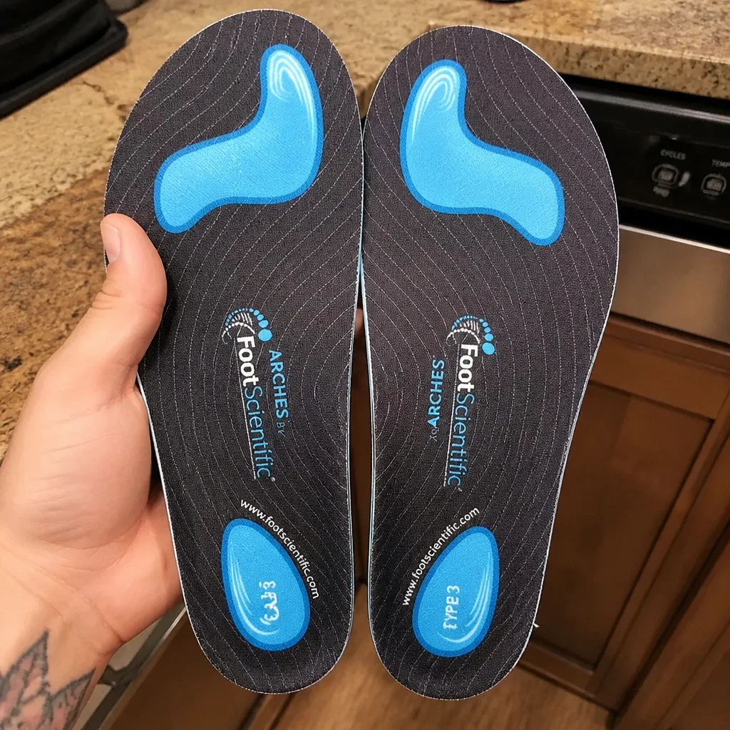 A FootScientific Arches Type 3 orthotic held in hand, showing the cork base and heel cup