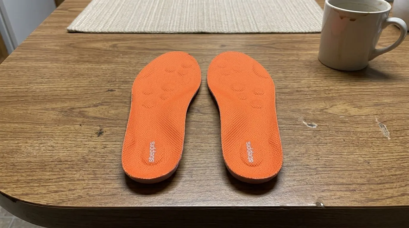 A pair of orange Stepprs comfort insoles on a wooden table next to a coffee mug