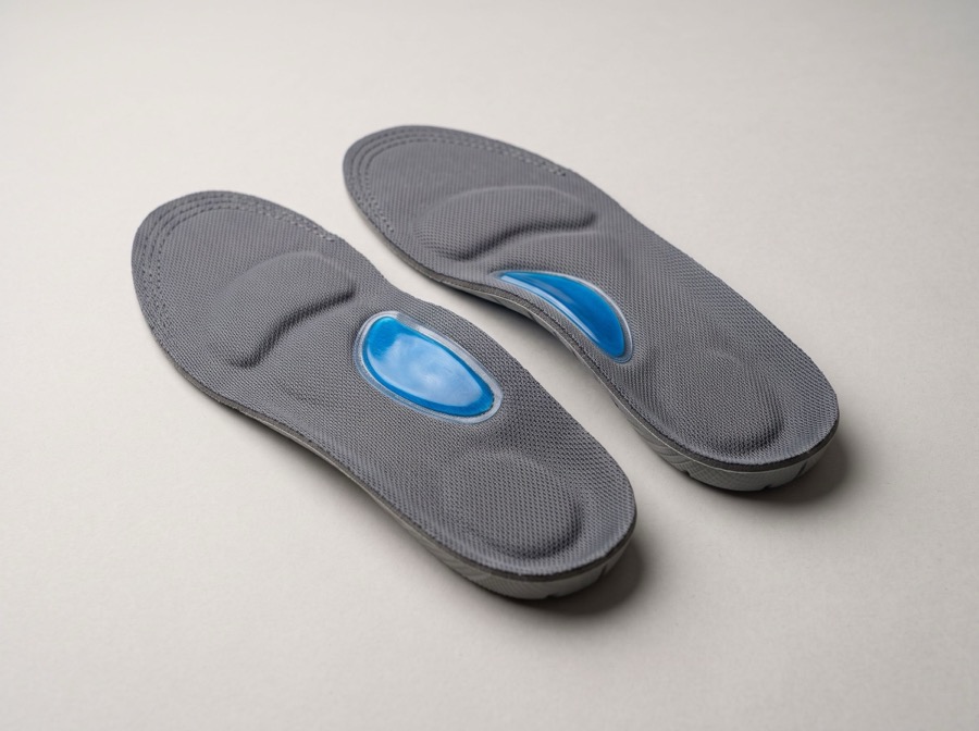 Grey arch support shoe insole with visible blue gel arch pod
